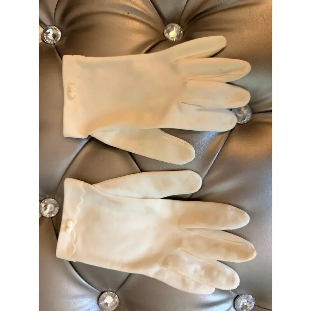 Vintage 1950's Ladies Ivory Dress Gloves Scalloped Cuffs Miniature Bow Accents